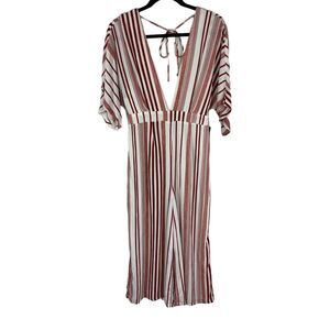 Lulu's One Piece Wide Leg Jumpsuit Size Medium Red/White Striped Deep V-Neck NEW
